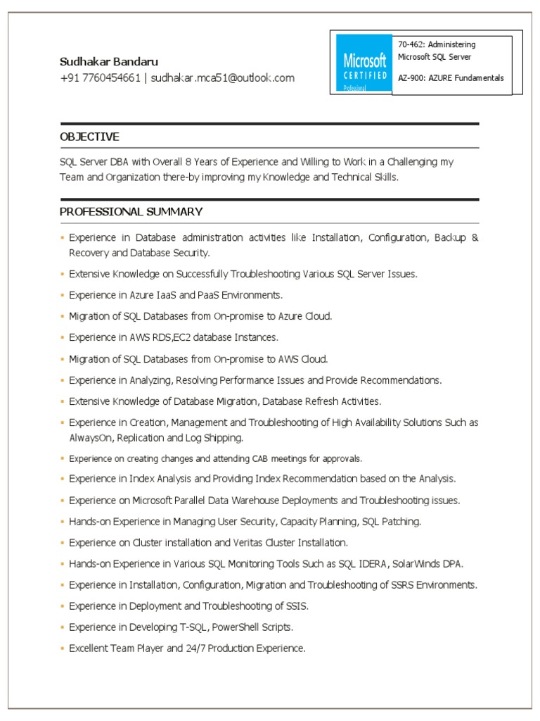 SQL DBA Resume | PDF | Microsoft Sql Server | Databases