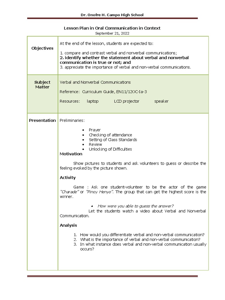 Verbal vs. Nonverbal Communication Lesson | PDF | Nonverbal ...