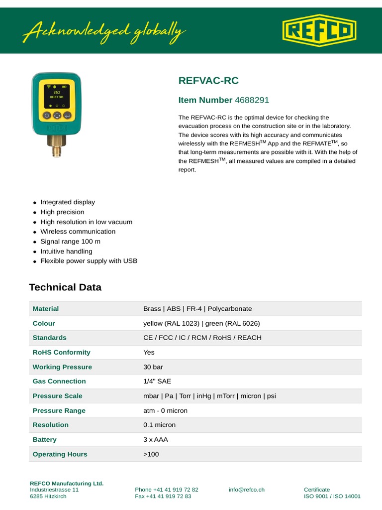 Specification Sheet Refco Refvac Bluetooth Digital Vacuum Gauge PDF