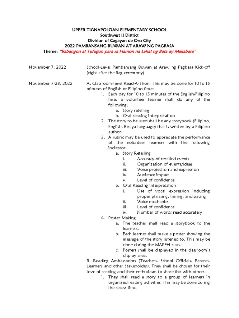 Upper Tignapoloan Elementary School Reading Month Pdf Communication