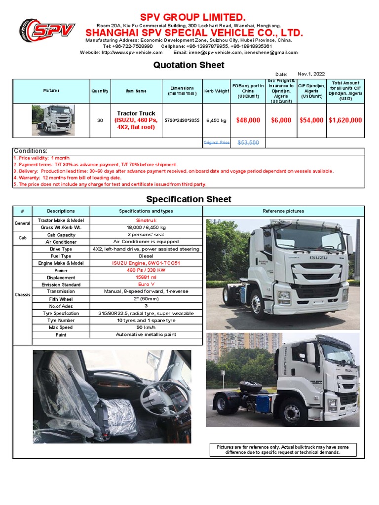 SPV Quotation For Tractor Truck (ISUZU, 460 PS, 4X2, Flat Roof