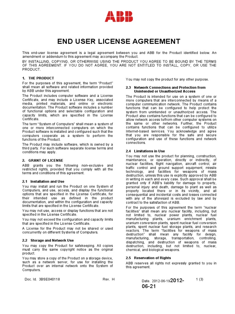 3BSE040118 G en END USER LICENSE AGREEMENT | PDF | License | Computer ...