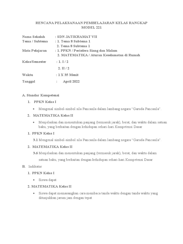 RPP PKR Kelas 1 Dan 2 | PDF