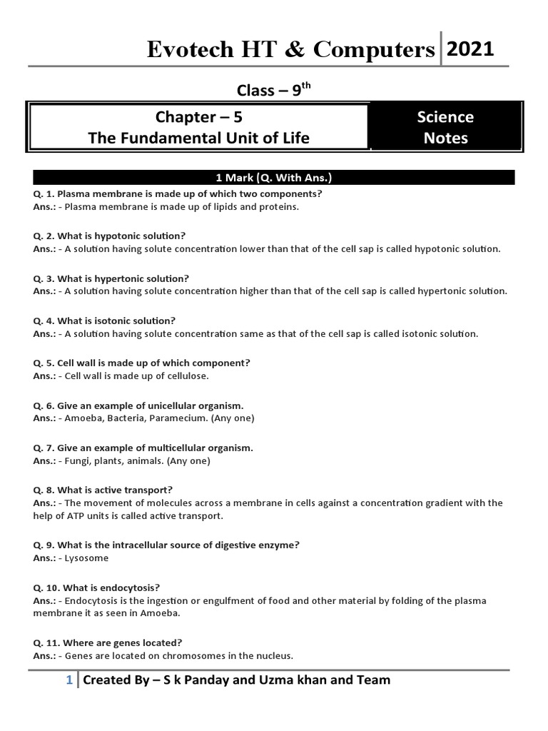 Chapter - 5 Fundamental Unit of Life | PDF | Cell (Biology ...