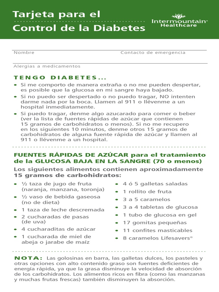 Diabetes Care Card Spanish PDF Diabetes Carbohidratos