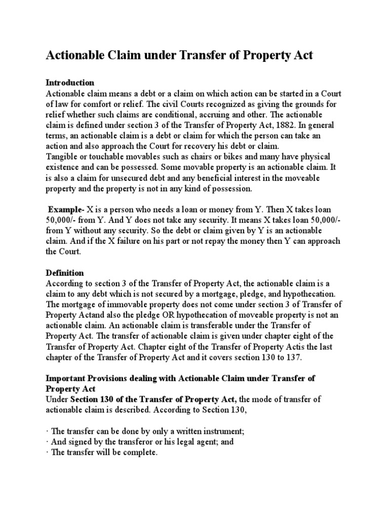 Actionable Claim Under Transfer of Property Act | PDF | Loans | Debt