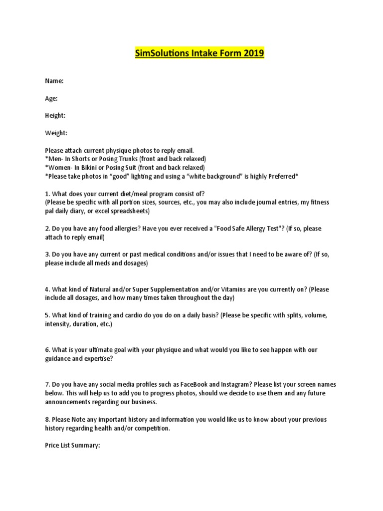 SimSolutions Intake Form | PDF | Pay Pal | Dose (Biochemistry)