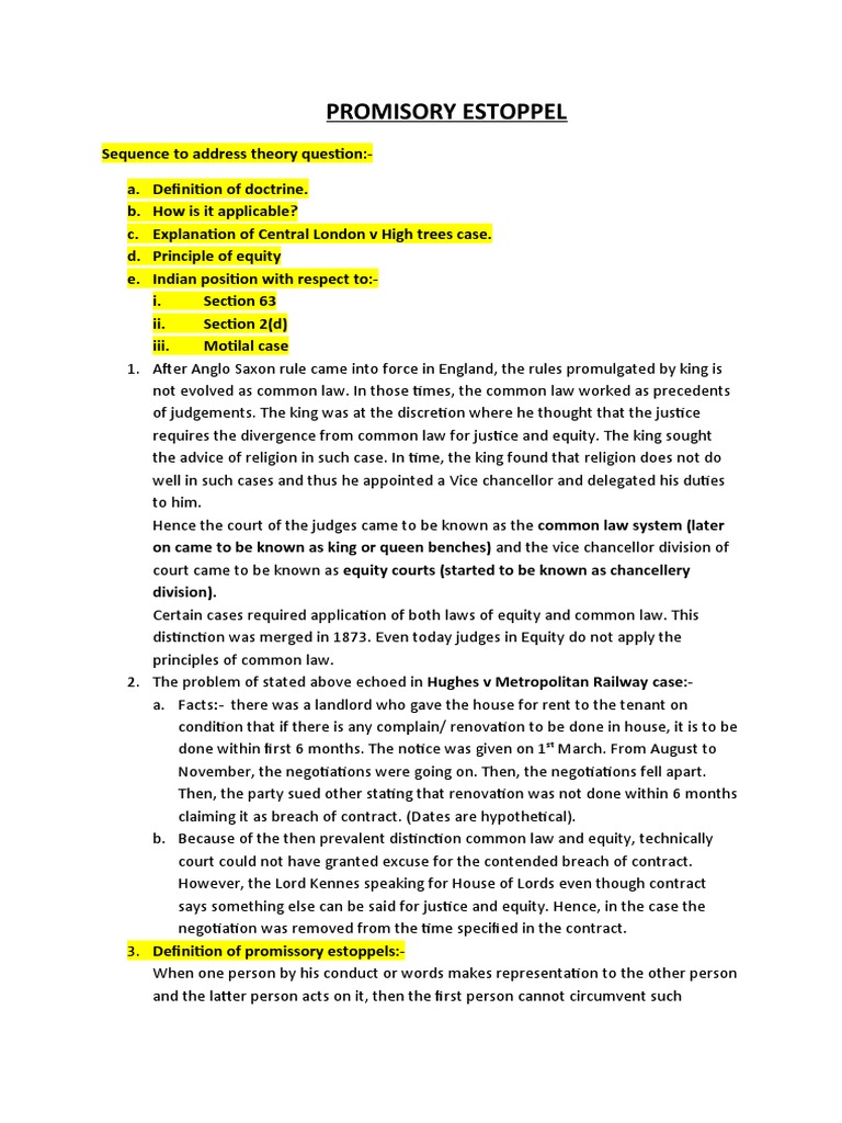 Promissory Estoppel Notes PDF Estoppel Consideration