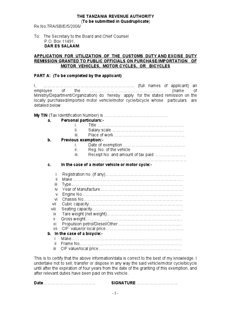 TRA Application for Vehicle Tax Exemption | PDF | Receipt | Identity ...