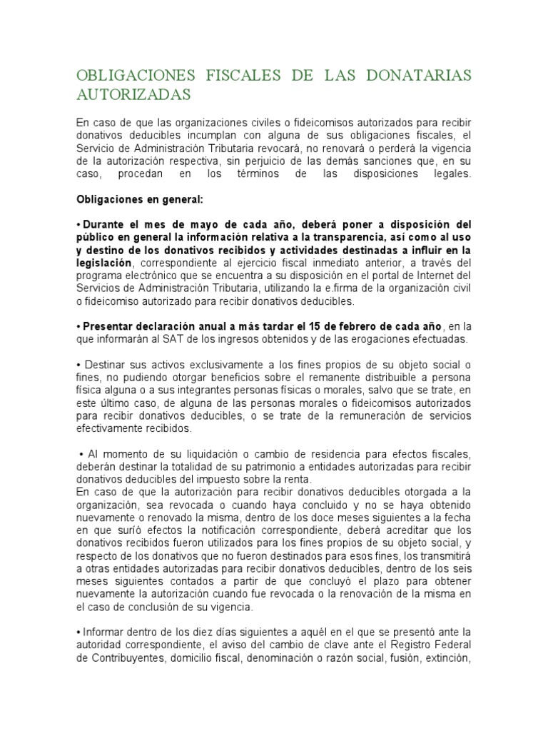 Obligaciones Fiscales de Donatarias | PDF | Impuesto sobre la renta ...