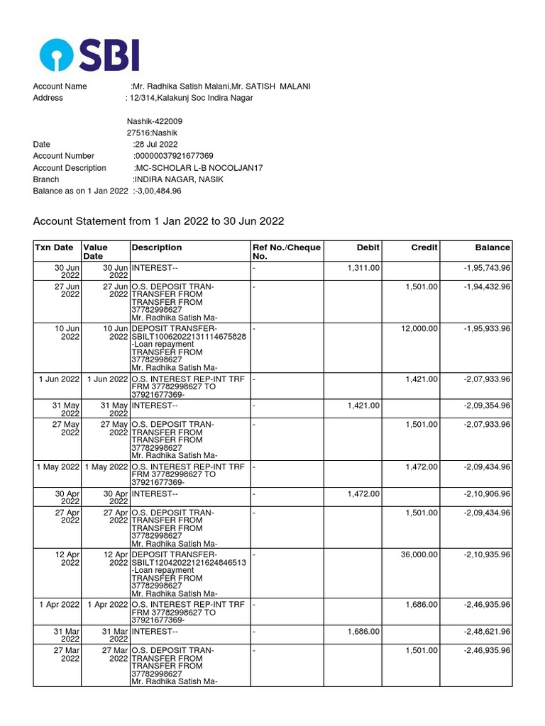 SBI Education Loan Account Statement | PDF | Debit Card | Personal ...