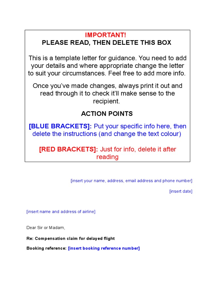 A Template Letter for Seeking Compensation or Refunds from Airlines for