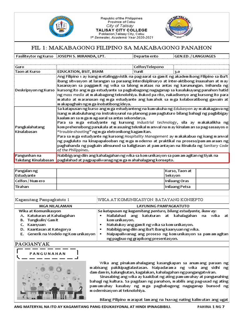 Fil 1 Course Material 1 Final Version August 2021 New | PDF