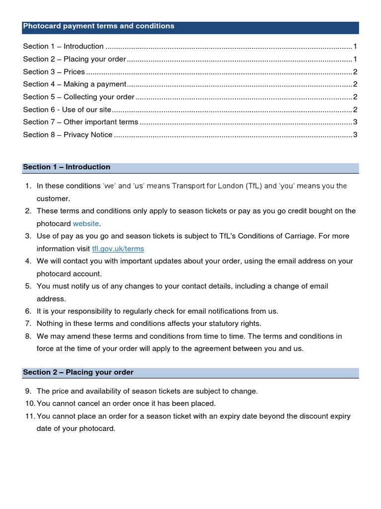 Photocard Online Sales Terms and Conditions PDF Financial