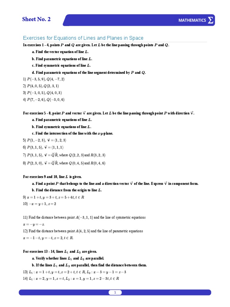 Solutions to Exercises on Equations of Lines and Planes in Space PDF