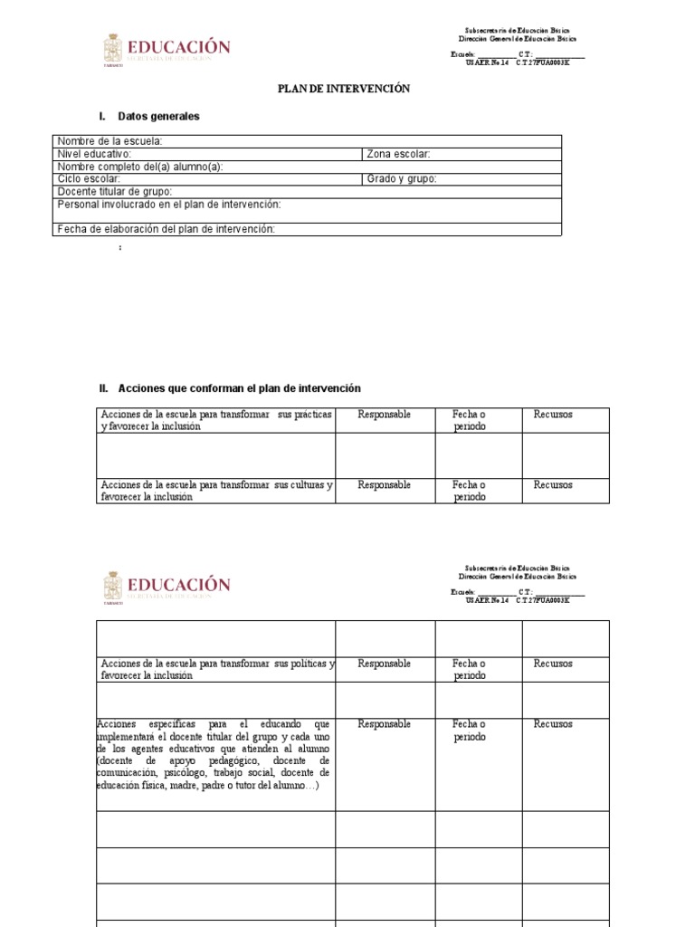 Formato de Plan de Intervención Educativa | PDF | Maestros | Inclusión ...