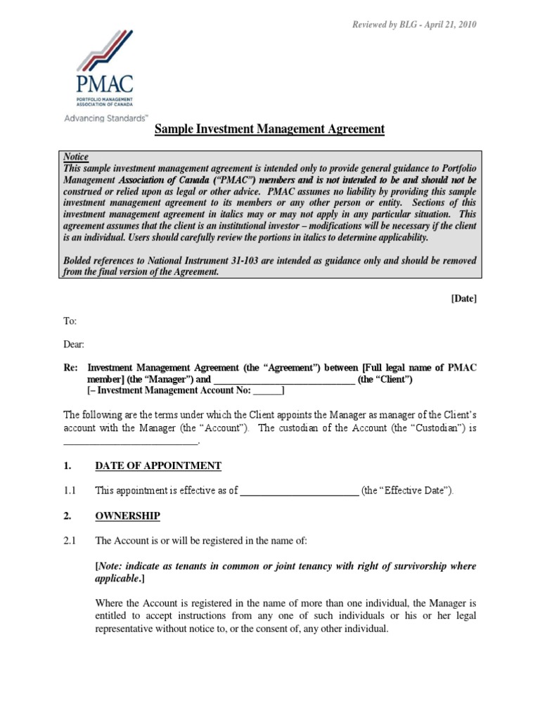 PMAC Investment Management Agreement Sample Institutional