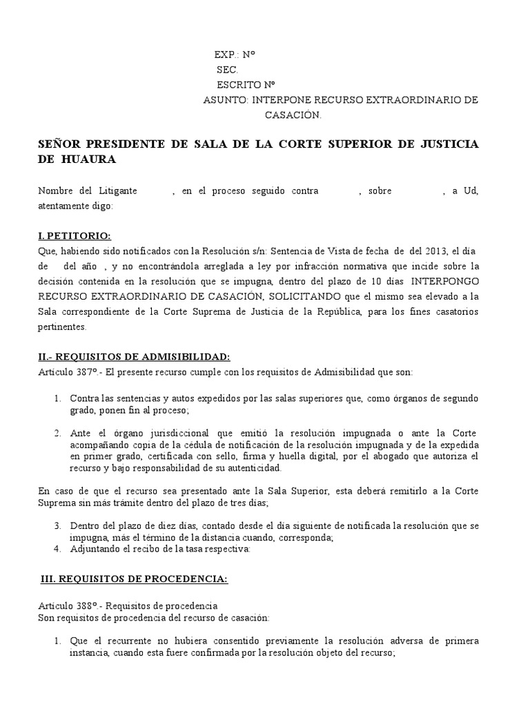 Modelo de escrito de casacion pdf ley procesal sentencia ley 