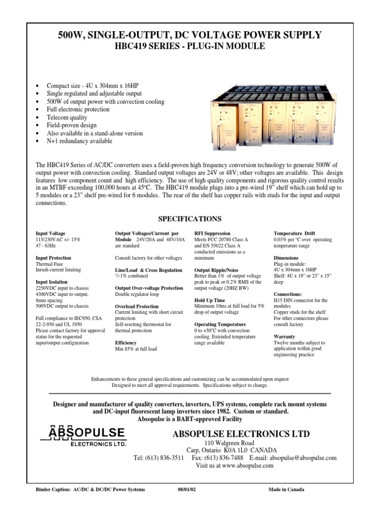 ABSOPULSE - Power Supply AC-DC HBC419 - Data Sheet | PDF | Power Supply ...