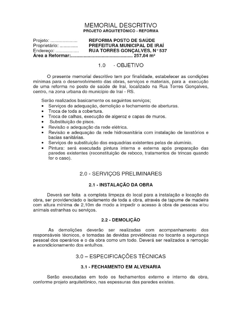 MEMORIAL DESCRITIVO PROJETO ARQUITETÔNICO - REFORMA - PDF Download ...