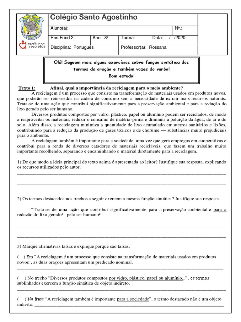 Português Exercícios Função Sintática E Vozes Do Verbo Pdf