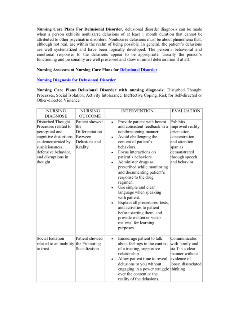 Nursing Care Plans For Delusional Disorder | PDF | Delusion | Mental ...