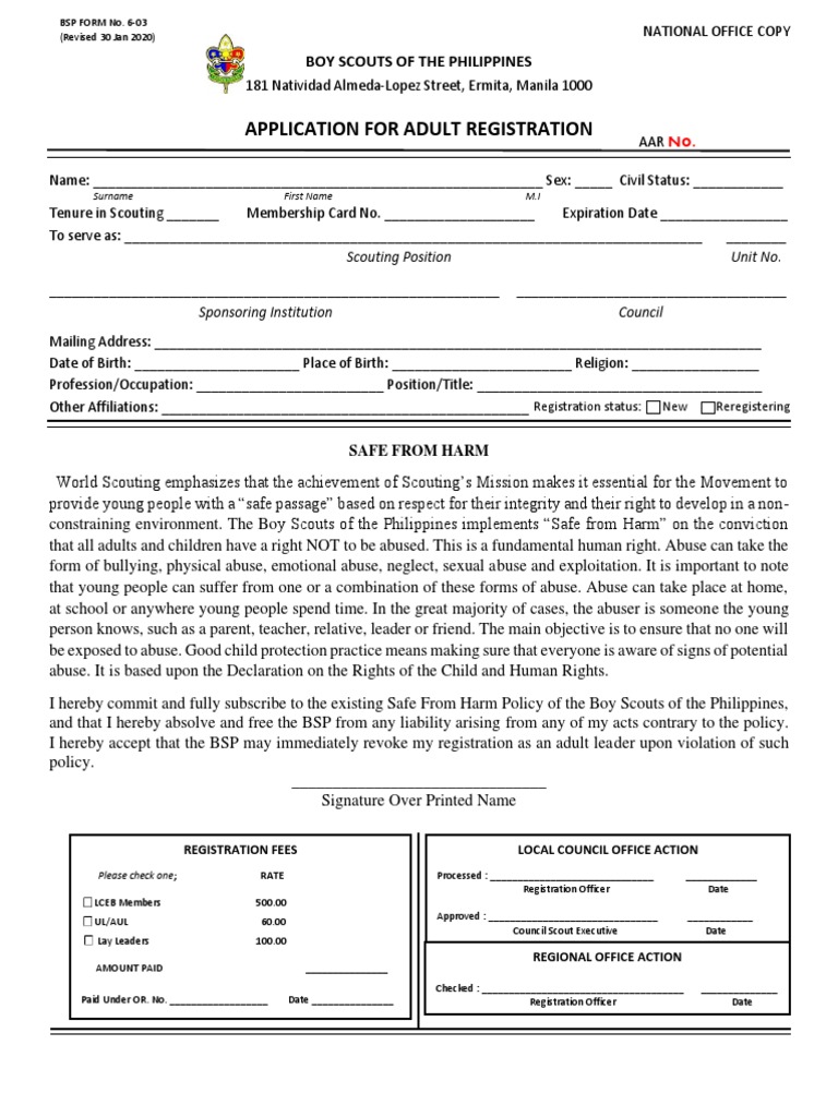 Application for Adult Registration with the Boy Scouts of the