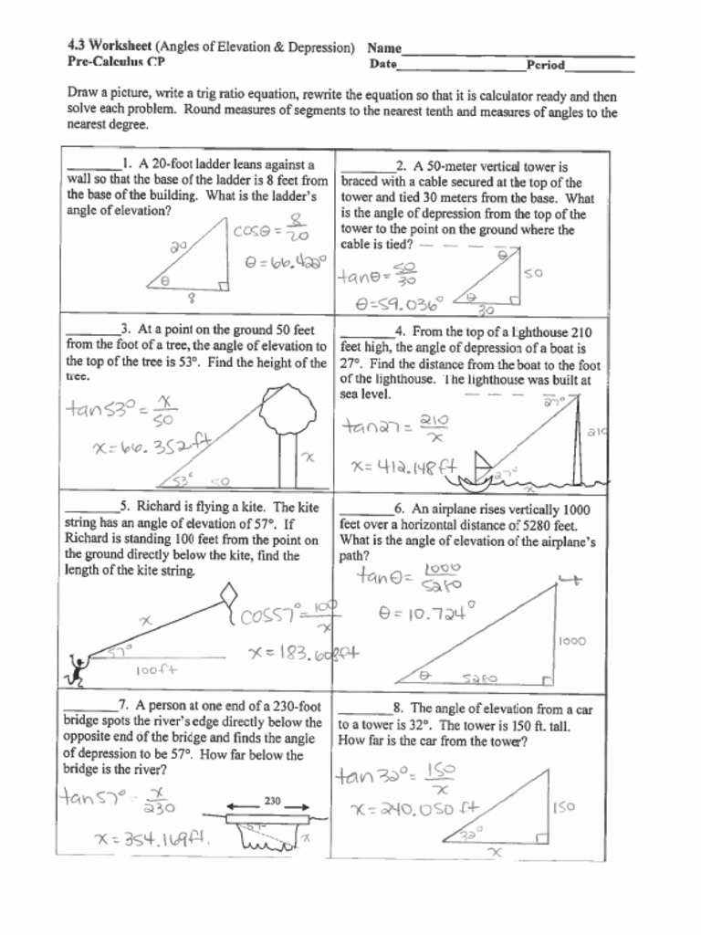 Worksheet Angles Of Depression And Elevation Angle Of Elevation