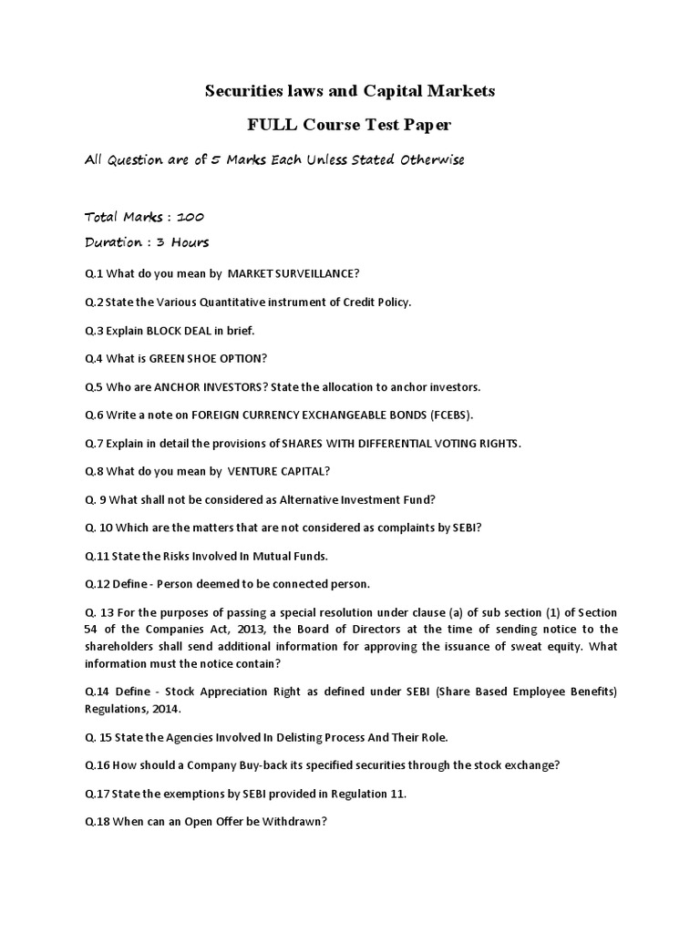 CS Executive Capital Markets Test Paper | PDF | Business | Finance ...