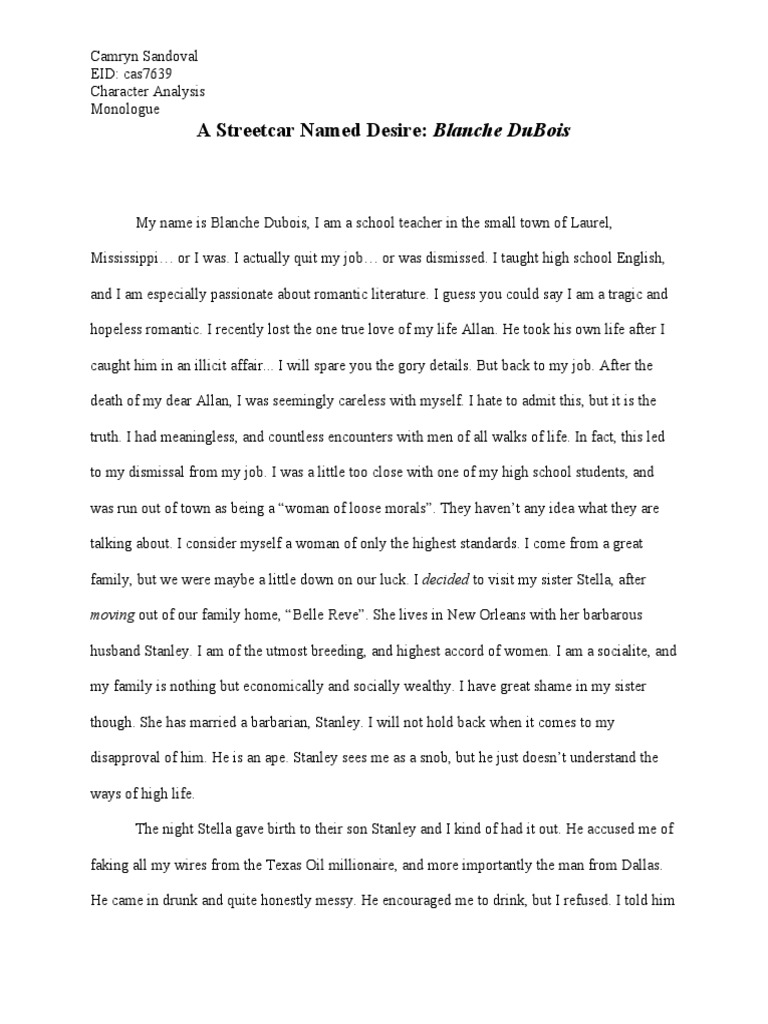 A Woman of High Standards A Character Analysis of Blanche DuBois from