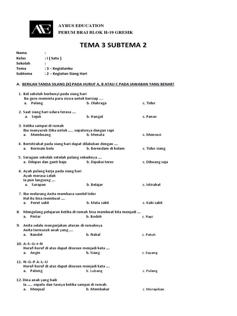 Jelajahi Dunia "Kegiatanku": Contoh Soal Tematik Kelas 1 SD Tema 3 untuk Membangun Pemahaman