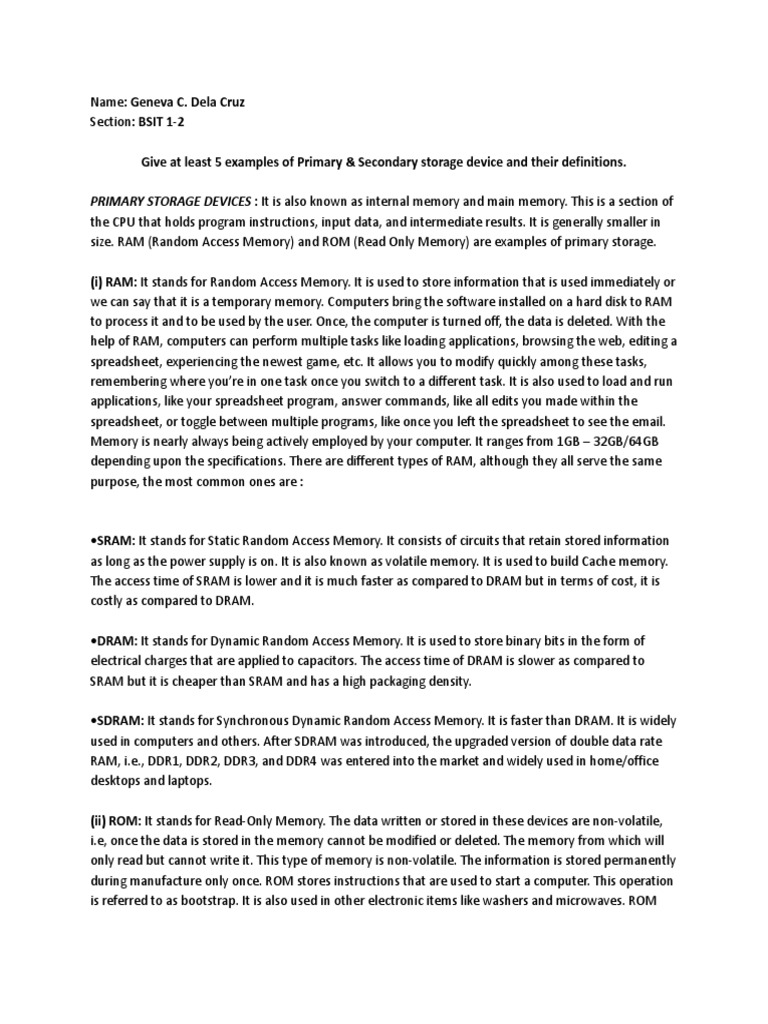 Examples of Primary and Secondary Storage Devices PDF Random Access