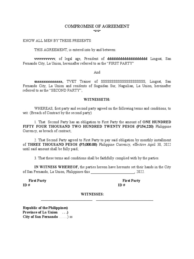 Compromise Agreement Sample Philippines | PDF | Contractual Term ...