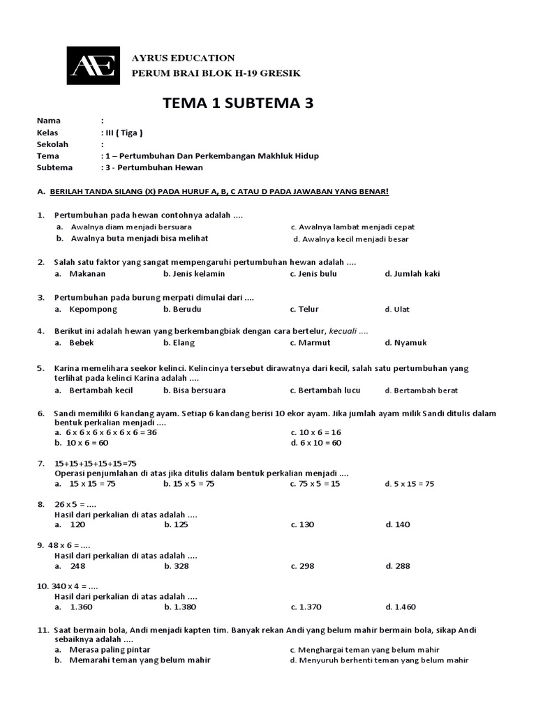 Contoh Soal K13 Kelas 3 Tema 1: Pertumbuhan dan Perkembangan Makhluk Hidup (Dilengkapi Pembahasan Mendalam)
