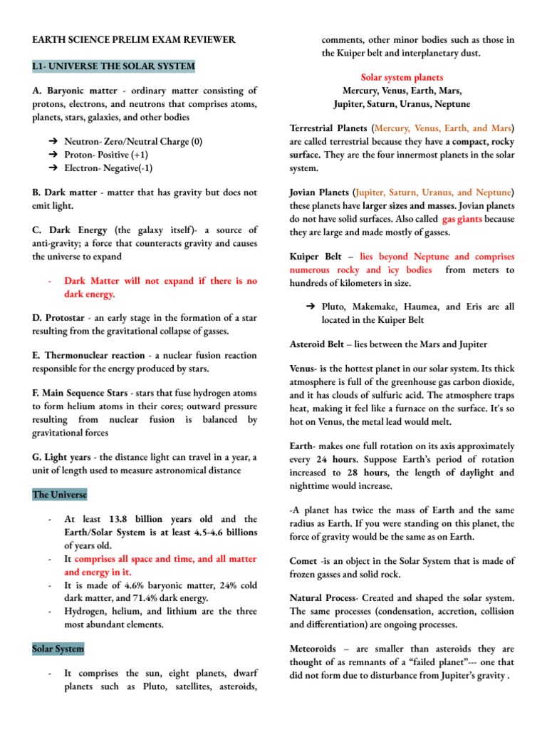 Earth Science Prelim Exam Reviewer | PDF | Stars | Solar System