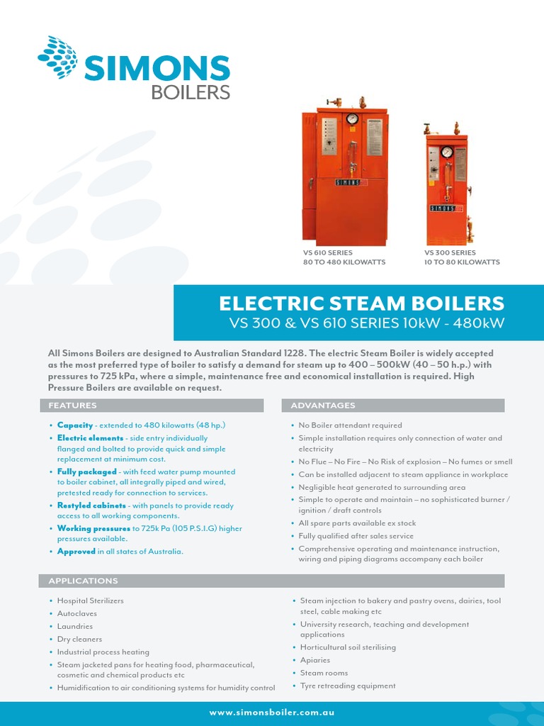 Simons VS 300 610 Series Electric Steam Boilers LR PDF Boiler Steam