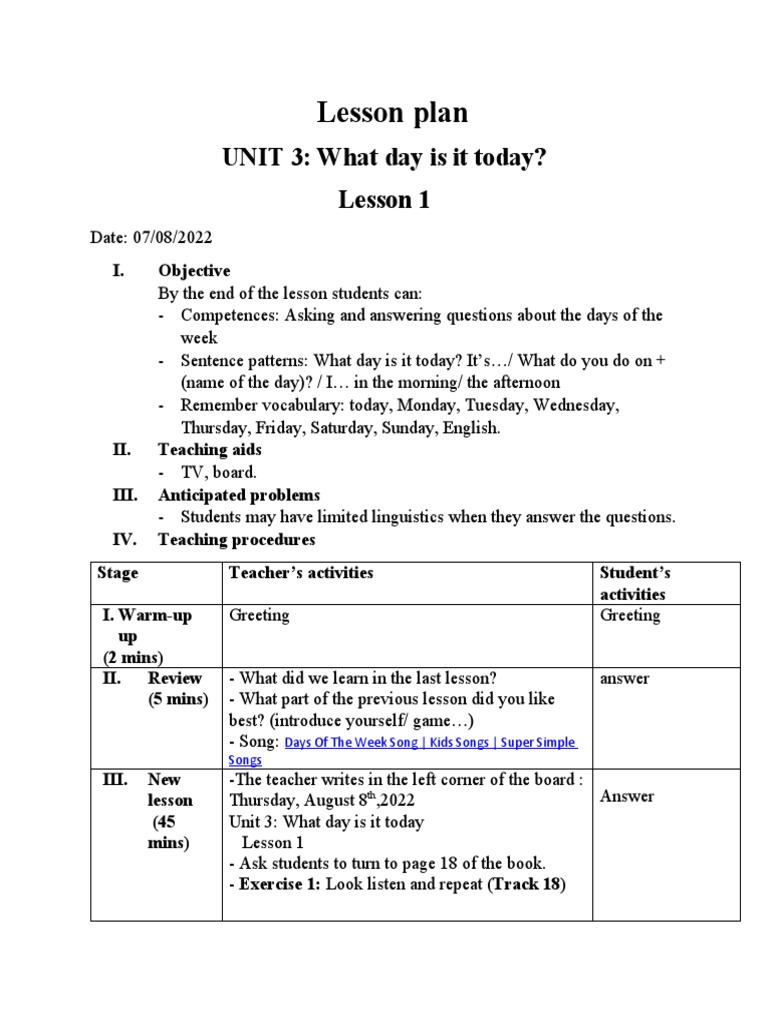 Lesson Plan UNIT 3 What Day Is It Today? Lesson 1 PDF Learning