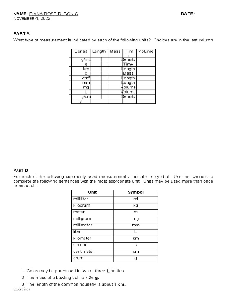 Act 1 unit measurement pdf litre density