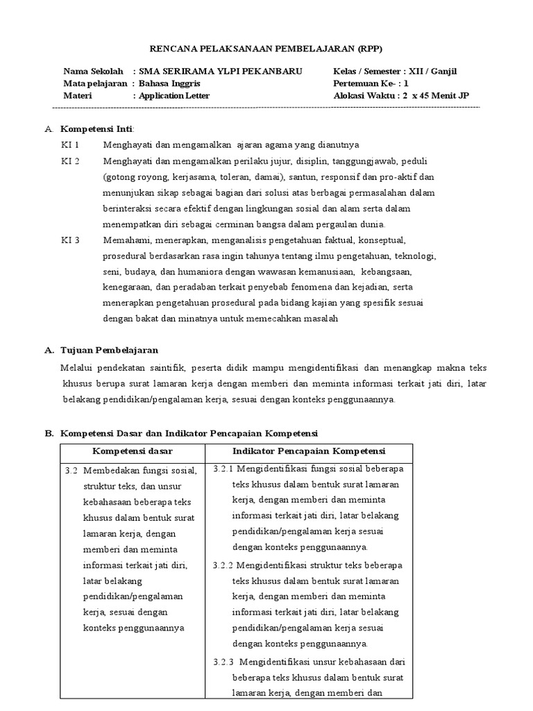 RPP KELAS XII (Application Letter) | PDF