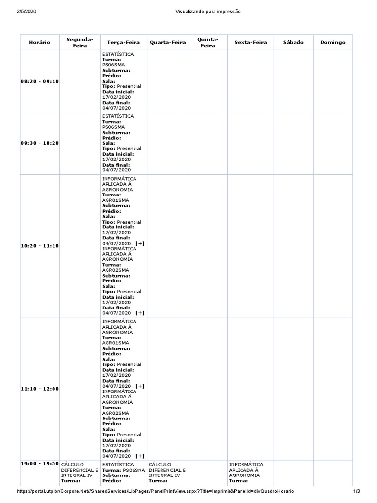 Dias Horario Utp 2020 1 | PDF
