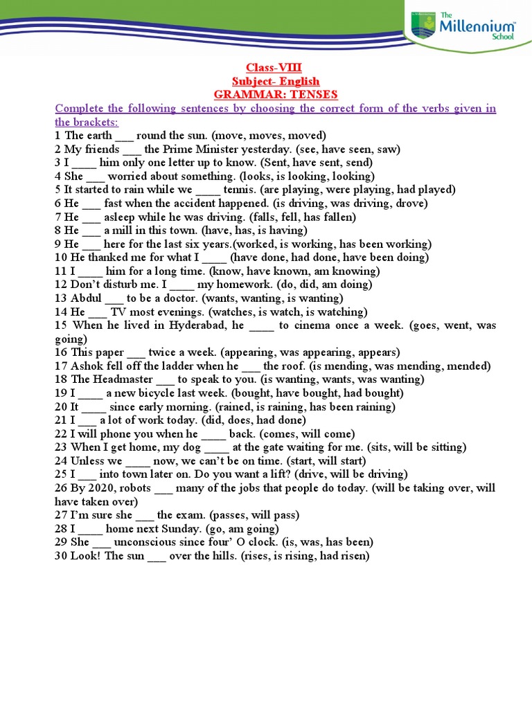 Worksheet On Tenses PDF