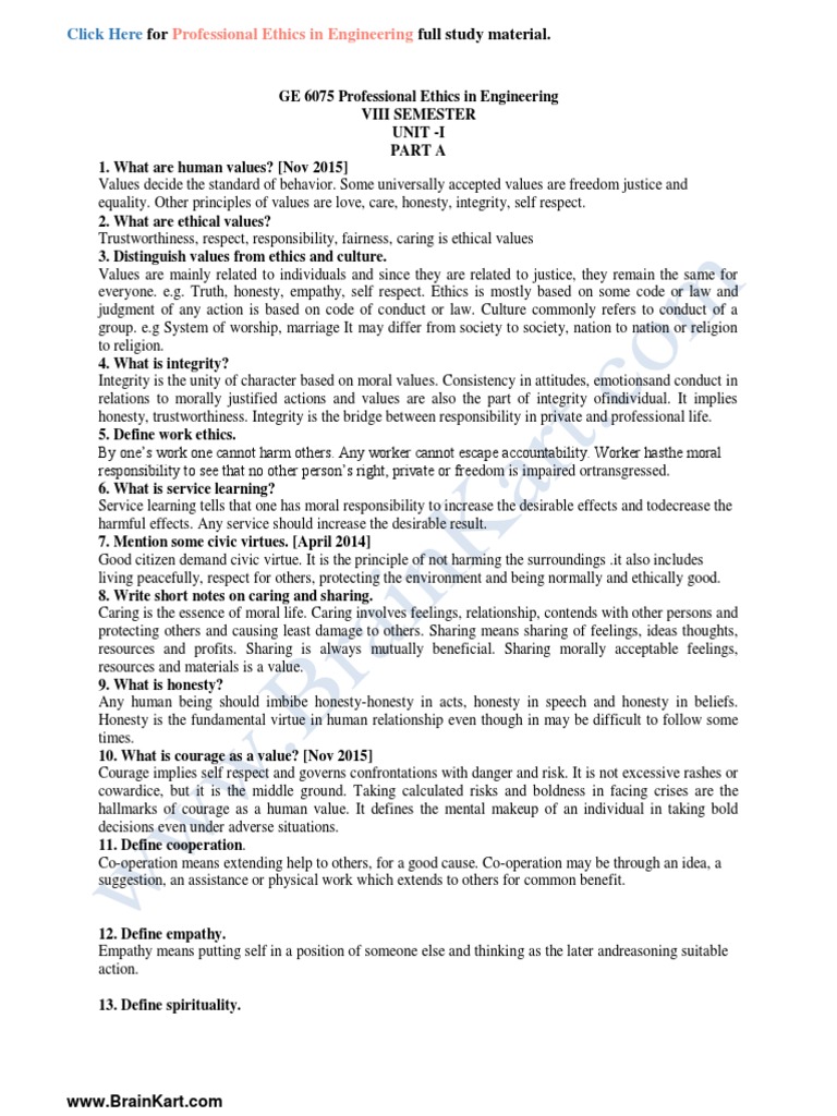 182 - GE8076, GE6075 Professional Ethics in Engineering - Question Bank ...