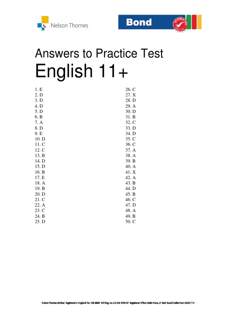 Bond 11 Plus English Test Answers PDF