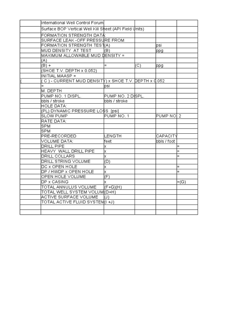 Surface BOP Kill Sheet for Vertical Wells | PDF | Chemical Engineering ...