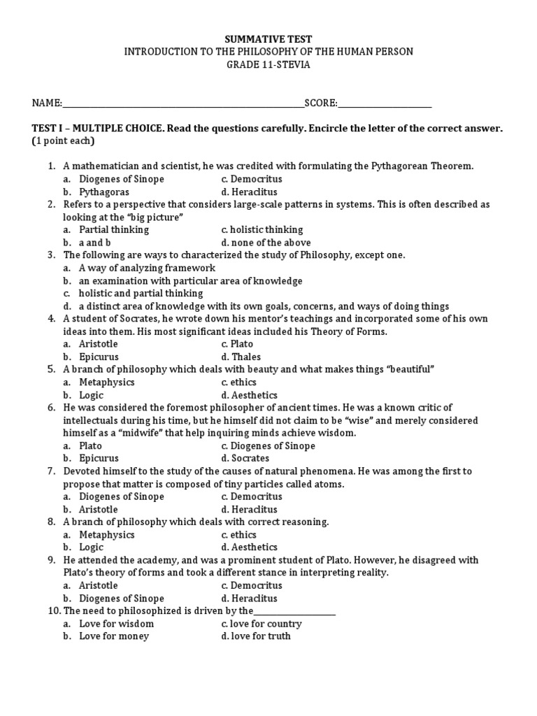 Grade 11 Philosophy Summative Test | PDF | Plato | Reason