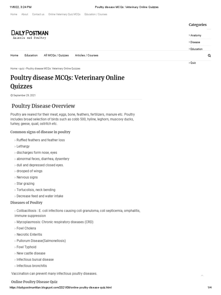 Common Poultry Diseases and Online Quiz Questions for Veterinary
