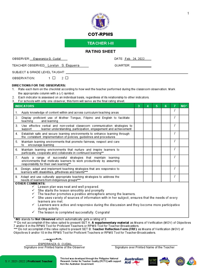 Appendix 3C COT RPMS Rating Sheet For T I III For SY 2021 2022 in The ...