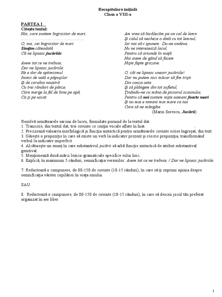 Recapitulare Initiala VIII | PDF