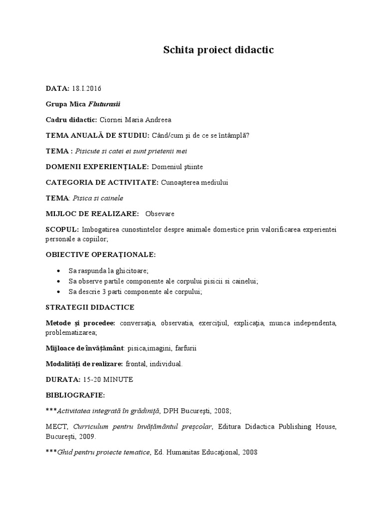 Pisica Si Cainele Schita Proiect | PDF