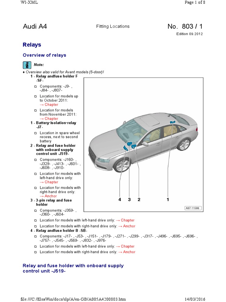 Audi A4 B8 Relais Positionen en | PDF | Relay | Fuse (Electrical)